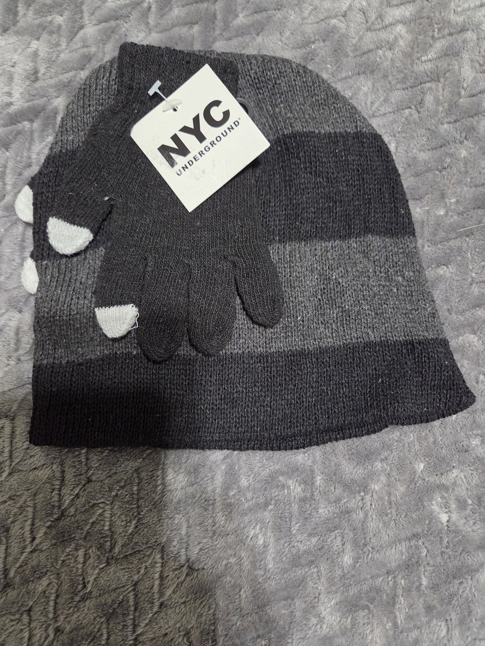Underground Kids' Striped Knit Mittens And Hat - Black/Gray